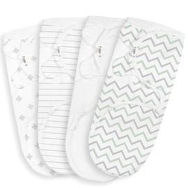 BaeBae Goods Swaddle Blanket, Adjustable Infant Baby Swaddling Wrap Set of 4, Baby Swaddling Wrap Blankets for Boys and Girls Made in Soft Cotton (0-3 Months, Grey/Green Chevron)