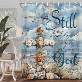 Nautical Coastal Shower Curtain, Ocean Beach Watercolor Christian Cross Bible Verse Anchor Floral Bath Curtain Set, Seasides Inspirational Quote Blue Decor Shower Curtain Bathroom with Hook 70X70IN