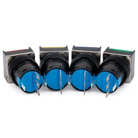 Baomain 5/8" 16mm Push Button Switch Latching Square Cap LED Lamp Red Yellow Blue Green Light DC 24V SPDT 5 Pin 4 Pack