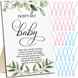 Geetery 51 Pcs Don't Say Baby Shower Game Supplies Include 50 Pacifier Necklace with 1 Wooden Don't Say Baby Game Sign Gender Reveal Party Supplies for Guests(Green Leaves)