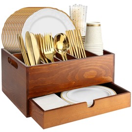 Paper Plate Dispenser with Drawer, 6 Compartments Country Style Wood Kitchen Counter, Paper Plate Organizer for Countertop, Utensil Holder Caddy for Parties Dispenser, Silverware Holder for Party