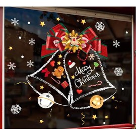 Christmas Window Clings Stickers Christmas Bow Knot Bell Garland Wreath Santa Claus Crystal Ball Clings Decals for Windows Doors (Bells)