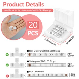 30Pcs 4-Pin LED Strip Connectors,Wide Unwired Light Connectors,RGB 10mm Solderless Connectors Adapter,Easily Extend or Splice SMD 5050 RGB Multicolor Strips