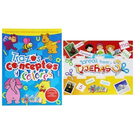 Kit Educativo de 2 Libros para Niños de 5 a 6 Años | Trazos, Conceptos y Colores Vol. 3 + Tareas papel y tijeras 3, Recorta y Pega con Tijeras | Grafomotricidad, Lectoescritura y Motricidad Fina