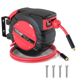 Air Hose Reel 50 FT Retractablel, 3/8 IN x 50 FT Hybrid Hose Air Compressor Hose Reel Max 350 PSI with 5 FT Lead in, Ceiling/Wall Mount Enclosed Air Reel, 180° Swivel Mount