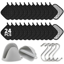 AMAZBEE Bulk Pot Holders 24 Pack, 7x7 Inch Quilted Hot Pads for Cooking & Baking with Hanging Loop, Heat Resistant Square Pot Holder Set, Includes 4 S-Hooks & 1 Pair Silicone Pinch Mitts (Black)