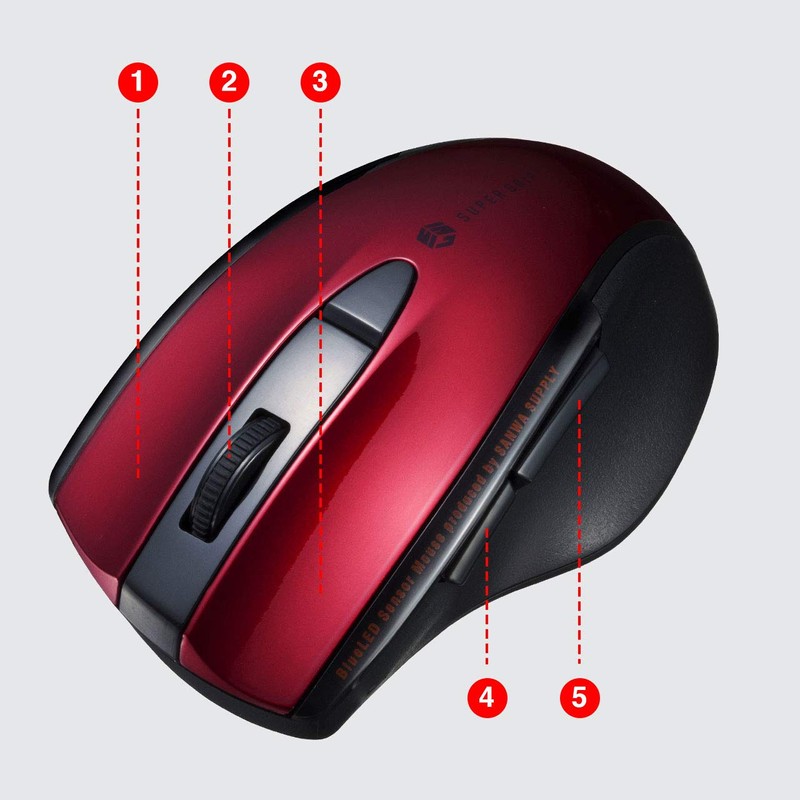 Sanwa Supply MA-BTBL167R Bluetooth Mouse, Silent, Blue LED, 5 Buttons