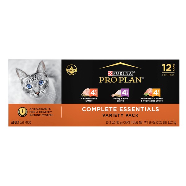 Purina Pro Plan Gravy, High Protein Wet Cat Food Variety Pack, Complete Essentials Chicken and Turkey Favorites - (24 Pack) 3 oz. Cans