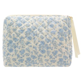 PAZIMIIK Cotton Makeup Bag for Women Large Quilted Travel Cosmetic Pouch Girls' Make Up Organizer,Little Flower Blue