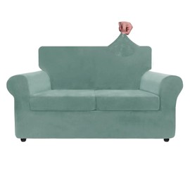 ZNSAYOTX Luxury Velvet Sofa Cover 3 Piece (57"-70") Stretch Loveseat Covers for 2 Cushion Couch Thick Soft Couch Slipcover with Non Slip Strap, Dog Pet Friendly Nice Furniture Protector (Pea Green)
