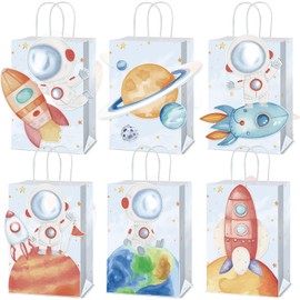 Naozinebi 12 Pcs Outer Space Party Favors Bags with Handles Astronaut Galaxy Theme Party Supplies Solar System Goodie Gift Rocket Paper Bag for Kids Birthday in 6 styles Gift Bags for Baby Shower