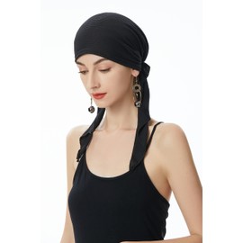 ZLYC Chemo Headwear Pre Tied Head Scarf Headwraps Lightweight Turban Beanie Cap for Women (Solid Black)