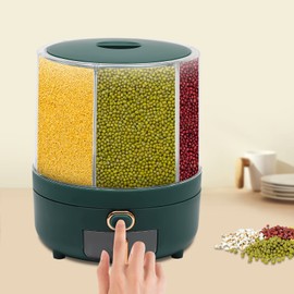 BANLICALI 6 Grid Rice Dispenser, 360° Rotating Dry Rice Dispenser PET PP Kitchen Grain Storage Container with Anti-slip Pads for Store Rice and Beans Green+Clear (Large)