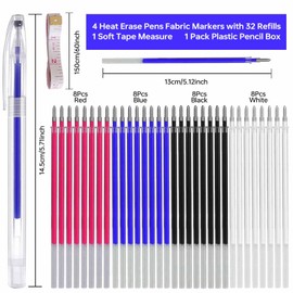 4 Heat Erase Pens Fabric Markers with 32 Refills, 1 Soft Tape Measure,1 Pack Plastic Pencil Box, Fabric Markers are Suitable forquilting Supplies, Sewing Supplies,Embroidery DIY