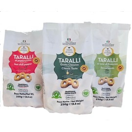 Terre Di Puglia Trio, Taralli Classic Olive Oil, Fennel Seeds, Hot Pepper Baked Snacks, Imported from Italy, 8.8oz (Pack of 3)+ Includes 1 Classic, 1 Hot Pepper and 1 Fennel style packs- SoHappyStore Bundle