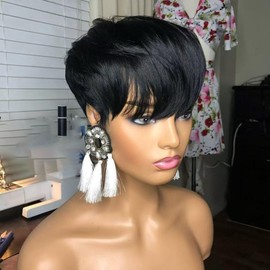 Tgezer Pixie Wigs for Black Women Short Pixie Cut Wig Human Hair Gluless Short Hair Wigs for Black Women Daily Use Full Machine Made Wigs Natural Black Color