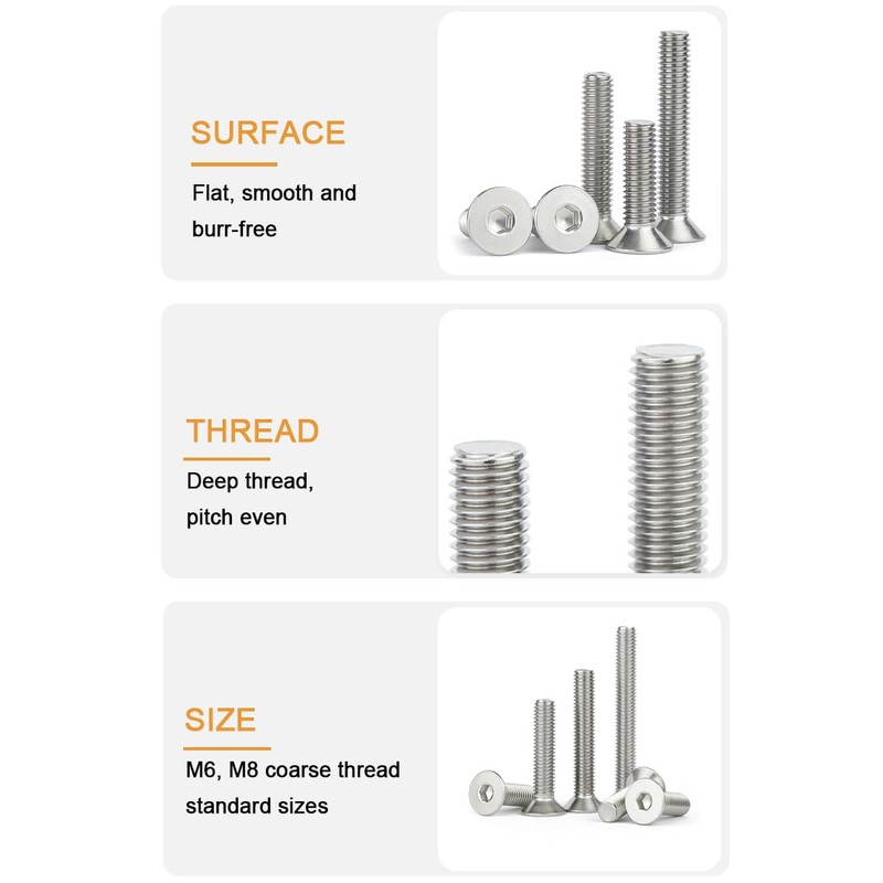 binifiMux 6pcs M12 x 25mm Countersunk Head Flat Hex Socekt