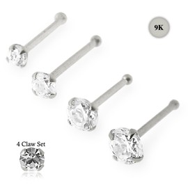 AZARIO LONDON 9K White Gold Claw Set 1.5MM Round CZ Stone 22 Gauge Nose Bone Nose Stud Piercing