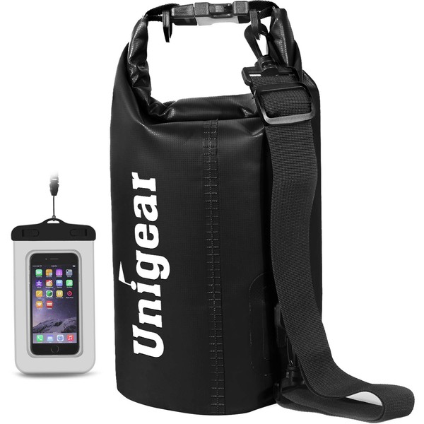 Unigear Waterproof Dry Bag, Black, 2.6 Gallons (10 L), Waterproof Pouch Included, Drum Shape, Dustproof, 9 Colors, 6 Sizes: 0.5 / 1.3 / 2.6 / 5.3 / 7.9 / 10.6 Gallons (2 / 5 / 10 / 20 / 30 / 40 L)