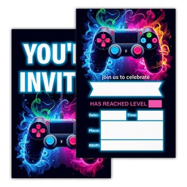 RNYJJ Video Game Birthday Invitations, Neon Glow Video Gamer Birthday Party Level Up Birthday Invites Cards With Envelopes (20 Count), Double Sided Design