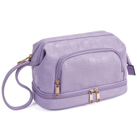 Telena - Bolsa de maquillaje de gran capacidad, bolsa de maquillaje portátil de piel de doble capa para mujer, Púrpura, Elegante, TLB0223202