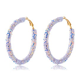 Bohemian Shiny Glitter Sequins Hoop Earrings Wrapped Gold Plated Circle Statement Rhinestone Dangle Drop Earrings for Women Boho Jewelry-white