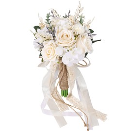 CEWOR Wedding Bouquets for Bride Bridesmaid, White Champagne Artificial Roses Flowers Wedding Decoration (7.5in)