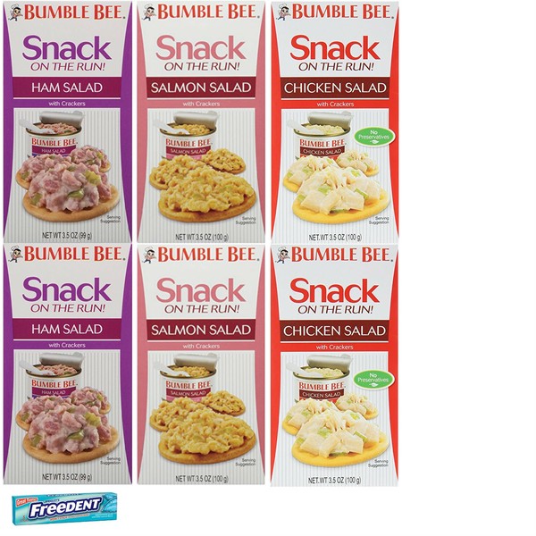 Bumble Bee Snack On The Run Variety Pack: Chicken Salad, Ham Salad, and Salmon Salad Kits. Also Includes a 5 Pack Gum Sample. Convenient One-Stop Shopping. Easy to Source These Popular Cracker Snacks.
