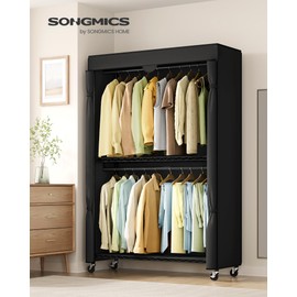 SONGMICS Heavy-Duty Rolling Clothes Rack, Garment Rack, Portable Closet, 43.3-Inch Wide Clothing Rack on Wheels, with Adjustable Mesh Shelves and Hanging Rails, Fabric Cover, Ink Black ULGR415B01