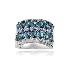 Ice Gems Sterling Silver Genuine Tanzanite, London Blue and White Topaz 2-Row Ring