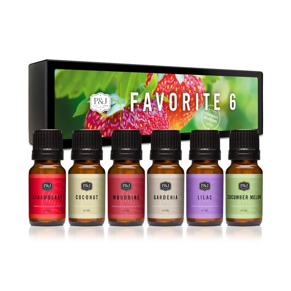 P&J Fragrance Oil Favorites Set | Strawberry, Lilac, Cucumber Melon, Coconut, Gardenia, Woodbine Candle Scents for Candle Making, Freshie Scents, Soap Making Supplies, Diffuser Oil Scents
