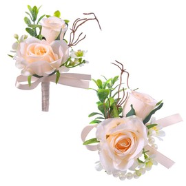 Campsis Wrist Corsage and Boutonniere Set Rose Corsage Wristlet Wedding Boutonniere for Men (White-A)