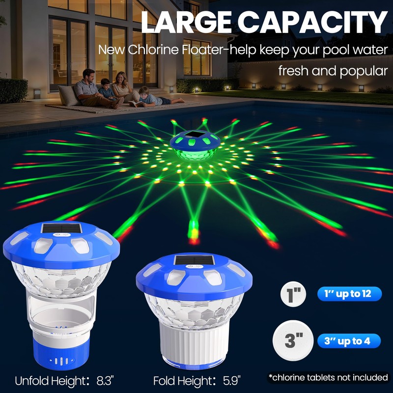 KingSom 2026 Upgraded Pool Chlorine Floater,Solar Chlorine Floater w/Lights,Button Control