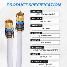 Cables Direct Online 25ft Black Quad Shield RG6 Coaxial Cable, F Pin and BNC Extension Wire for Satellite Dish, Cable TV, Antenna - Digital HD 3GHz Coax Cord with Weatherproof Connectors