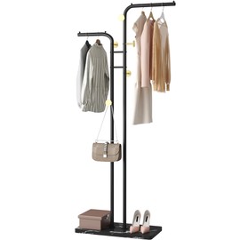 HOMEFORT Coat Rack, Freestanding Metal Coat Racks, Double-pole Clothes Hat Stand with 5 Hooks for Closet, Bedroom, Entryway, Living Room, Black