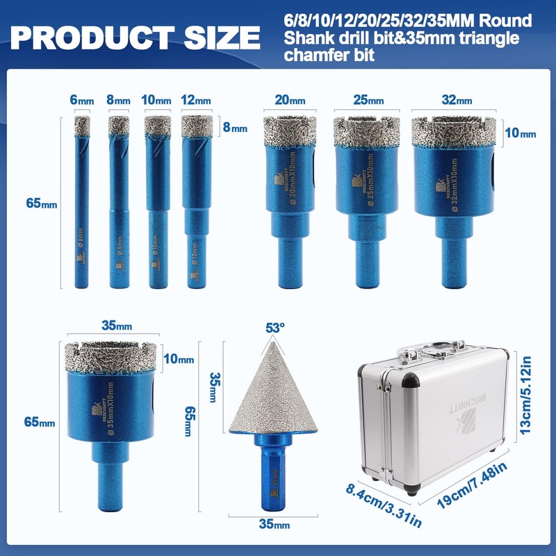 Dry Diamond Core Drill Bit Set,BRSCHNITT Diamond Tile Hole Saw