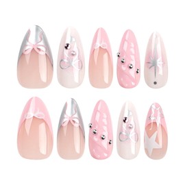 TENPAL French Tip Press on Nails Ombre Pink Nails With Bow Beads Acrylic Fake Nails With Glue 24pcs/Box Sweet Cool Y2k False Nails With Designs Lovely Cute Nails For Women Girls