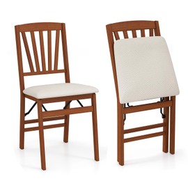 COSTWAY Folding Dining Chairs Set of 2, Upholstered Wooden Dining Room Chairs with Fabric Padded Seat, Solid Wood Frame and 400LBS Capacity for Kitchen Apartment (Beige & Brown)