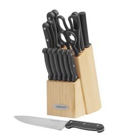 Farberware 17-Piece Triple Rivet High-Carbon Stainless Steel Knife Block Set with Plastic Cutting Board, Beechwood/Black