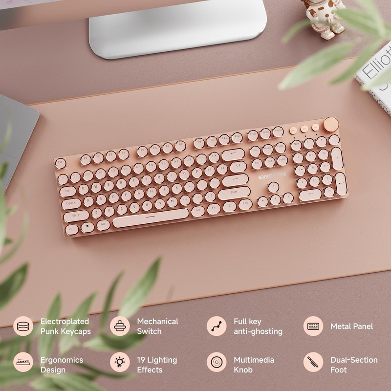 EWEADN Typewriter Style Mechanical Gaming Keyboard, Wired Mechanical Keyboards,104 Keys