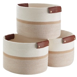 Organizix 3 Pack Cotton Rope Storage Basket Woven Shelf Storage Bin with Faux Leather Handles, Decorative Closet Shelf Woven Basket for Storage Organizers, 15 x 10 x 9, White/Brown
