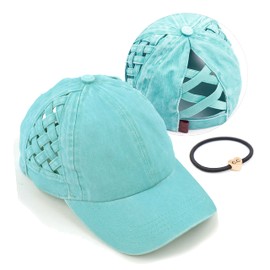 C.C Exclusives Washed Cotton Denim Basket Weave Criss-Cross Ponytail Baseball Cap Bundle Hair Tie (BT-922) (Mint)