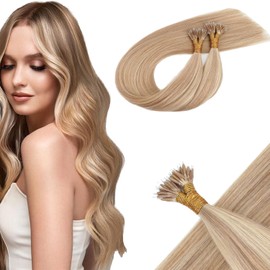 KOCONI 20 Inch Nano Ring Hair Extensions Real Human Hair Nano Beads Remy Human Hair Extensions Blonde Nano Extensions Dark Honey Blonde Mixed Medium Blonde 1g/S Nano Beads Hair 50g 16/22