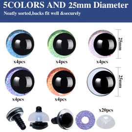 40Pcs 3D Glitter Safety Eyes and Washers - Thalinfayi 25mm 5Colors Strabismus Safety Eyes Glitter Moon Crochet Amigurumi Eyes for DIY Making or Replace of Amigurumi, Crafts, Crochet Doll Supplies