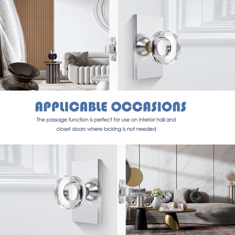 Newlaking Crystal Glass Passage Door Knob - Polished Chrome Interior