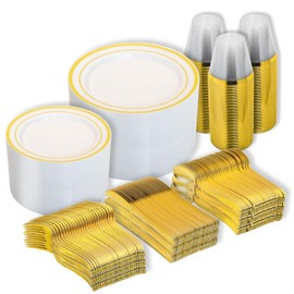 N9R 600PCS Disposable Plastic Plates, Gold Plastic Dinnerware Set Includes 100 Dinner Plates, Dessert Plates, Cups, Spoons, Forks, Knives for 100 Guests, Perfect for Party, Wedding, Birthday