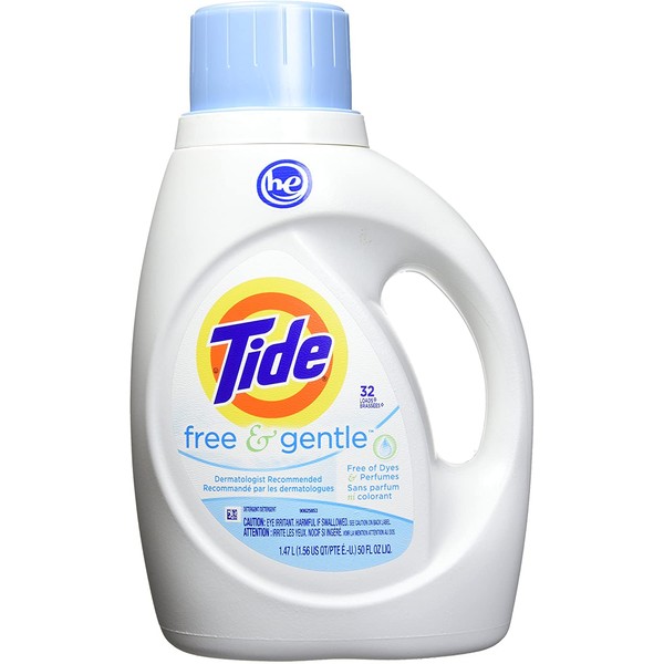 Tide Free & Gentle HE Turbo Liquid Laundry Detergent, Pack of 2, Unscented, 1.47 L (32 Loads)