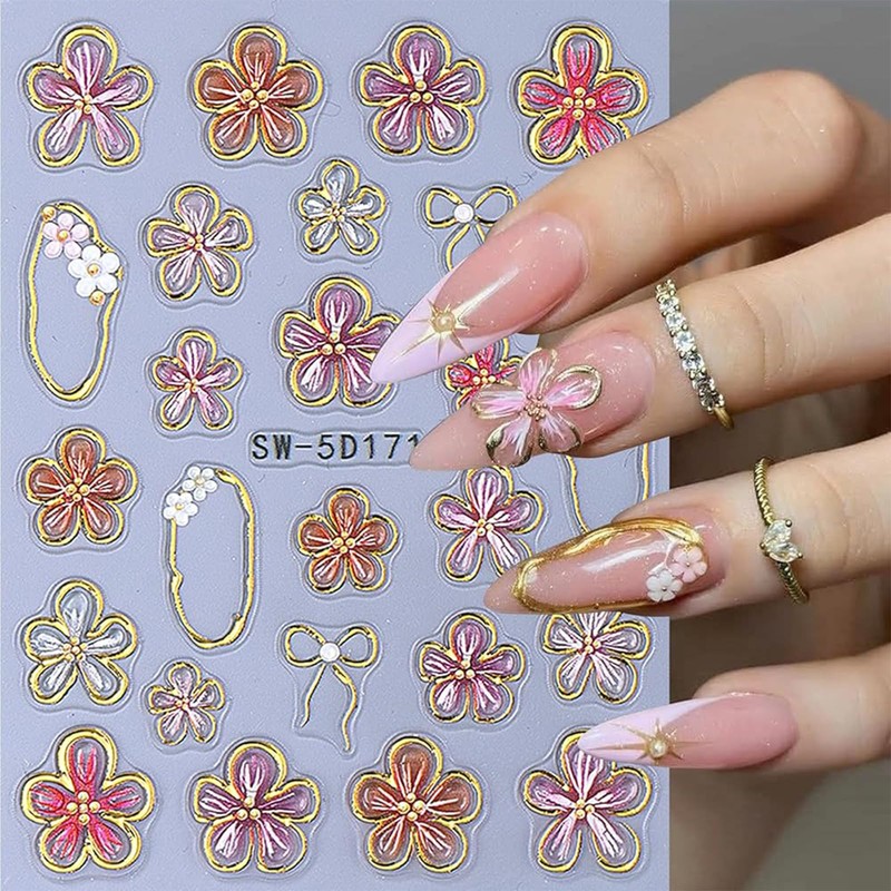 Cosblisvia 6 Sheets 5D Floral nail stickers For Beginners Brides
