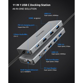11-in-1 Hub with Dual 4K HDMI, Gigabit Ethernet, PD 3.0, and USB Ports for USB C Laptops - Mirror Mode Supported (MacOS) - Includes Bonus Pocket Microscope!