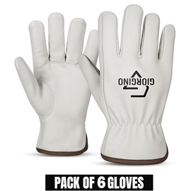 Giorgino Leather Work Gloves Men Pack of 6 Heavy Duty Cowhide Driver Gloves Safety Work Gloves for Gardening & Construction (Large)